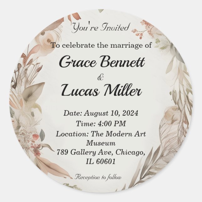 Pegatina Redonda Invitación floral simple a una boda suave (Anverso)