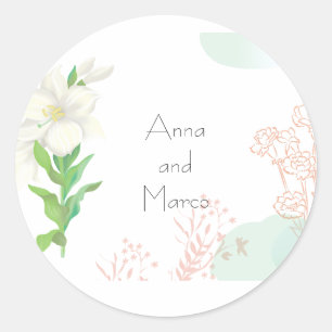 Pegatina Redonda Invitación moderna de boda floral minimalista