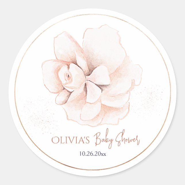 Pegatina Redonda Invitación moderna para baby shower de flores silv (Anverso)