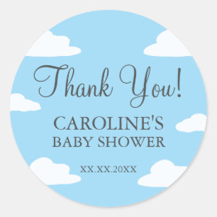 Pegatina Redonda Invitación para baby shower de niño Nubes Azules