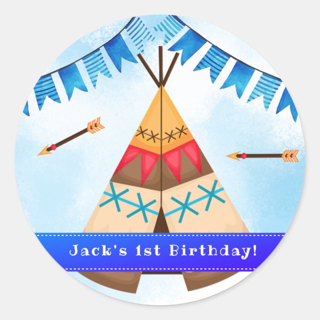 Pegatina Redonda Invitación salvaje de un niño de primer cumpleaños (Anverso)