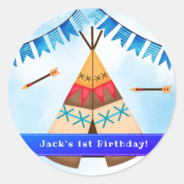 Pegatina Redonda Invitación salvaje de un niño de primer cumpleaños