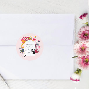 Pegatina Redonda Invitan a graduados modernos del Arco Floral Rosa 