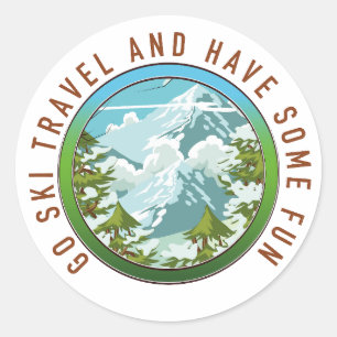 Pegatina Redonda Ir a Ski viajar y divertirse logotipo de viaje.