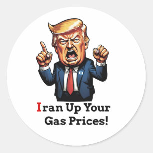 Pegatina Redonda "¡Irán Subió Sus Precios de Gasolina!" Caricatura