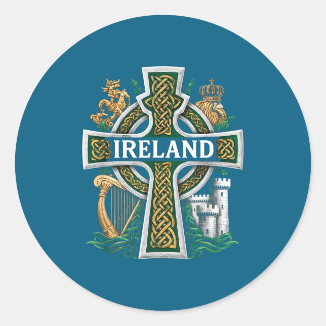 Pegatina Redonda Ireland St Patrick Day Celtic Cross Green Celebrat (Anverso)
