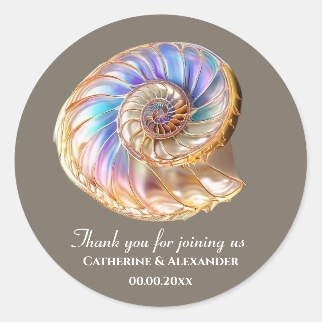 Pegatina Redonda Iridescent Conch Shell Wedding Thank You Sticker (Anverso)