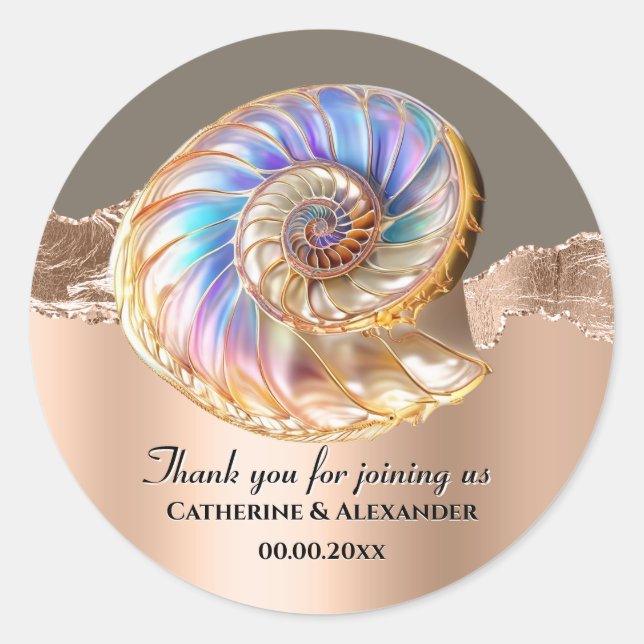 Pegatina Redonda Iridescent Shell Wedding Thank You Sticker (Anverso)
