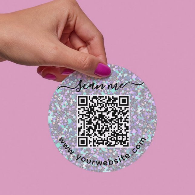 Pegatina redonda iridiscente con código QR y texto (Subido por el creador)