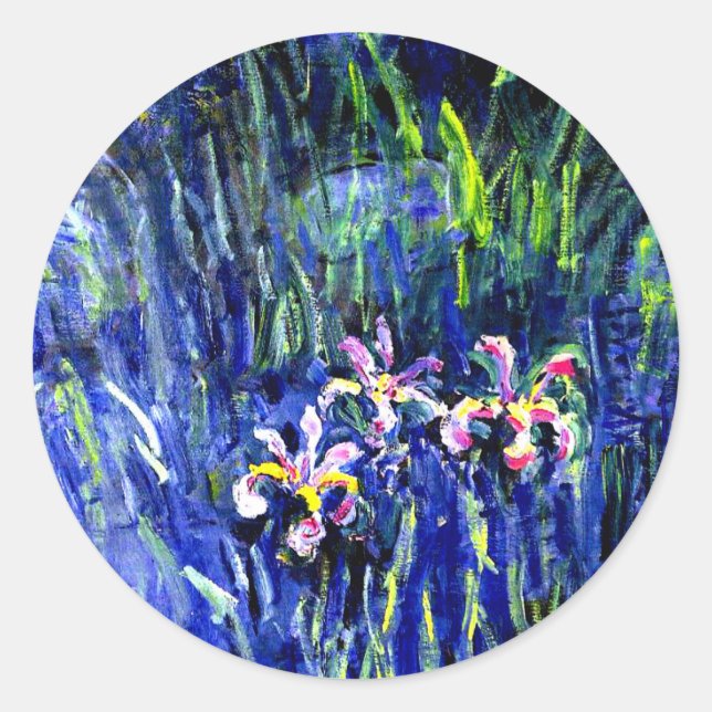 Pegatina Redonda Irises, famoso cuadro floral de Claude Monet, (Anverso)