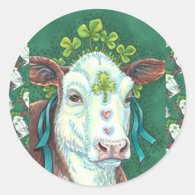 PEGATINA REDONDA IRISH BRED ST. HEIFER DEL DÍA DE PATRICK, VACA DE  (Anverso)