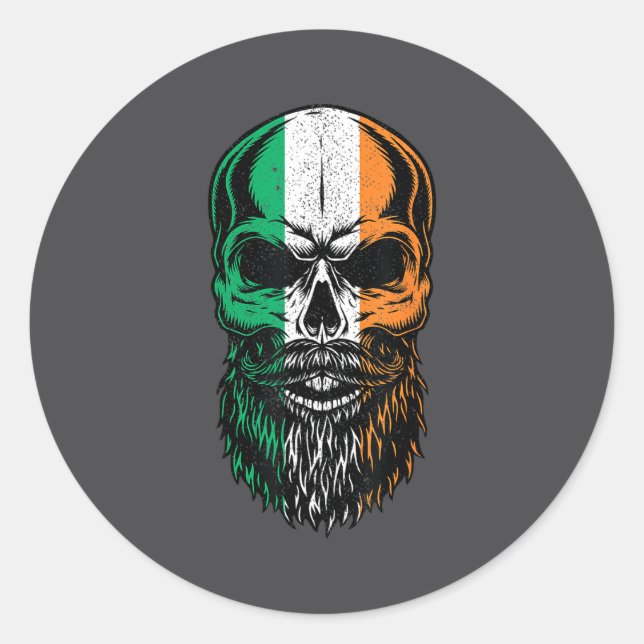 Pegatina Redonda Irish Flag Bearded Skull Head Saint Patrick's Day  (Anverso)