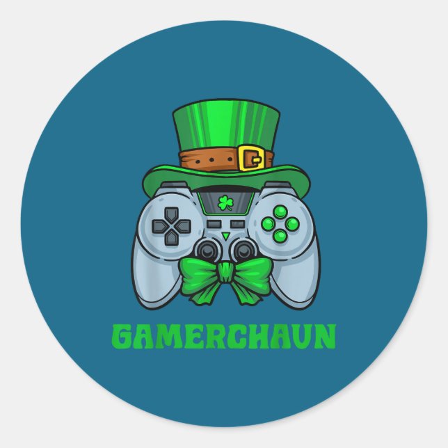 Pegatina Redonda Irish Video Game Controller St Patrick's Day Gamer (Anverso)