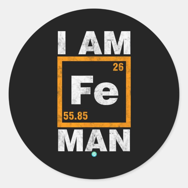 Pegatina Redonda Iron (fe) Man Funny Periodic Elemen Gift  (Anverso)