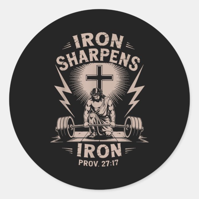 Pegatina Redonda Iron Sharpens Iron Youth Christian Workout Gym Wei (Anverso)