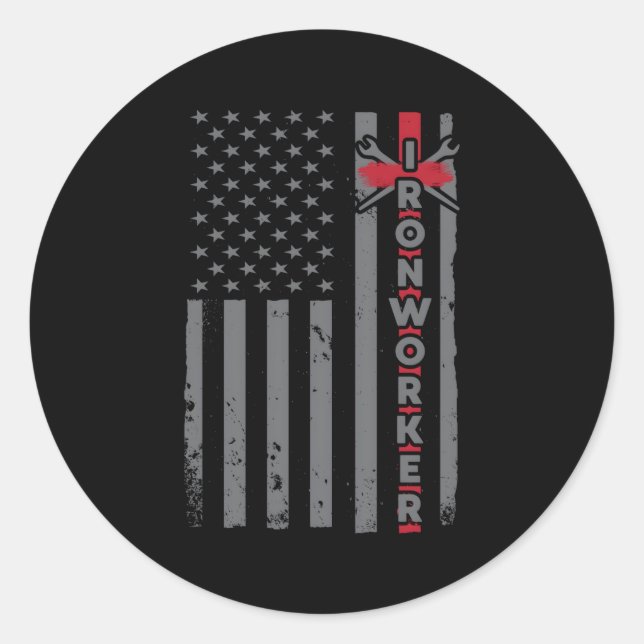 Pegatina Redonda Ironworker Usa Bandera Patriótica Iron-Working Us  (Anverso)