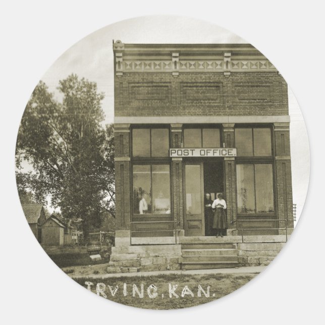 PEGATINA REDONDA IRVING KANSAS POST OFFICE FOTO MARSHALL COUNTY KS (Anverso)