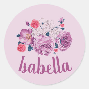 Pegatina Redonda Isabella Nombre Floral Personalizado Vintage Niña
