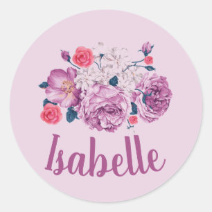 Pegatina Redonda Isabelle Nombre Floral Personalizado Vintage Niña 