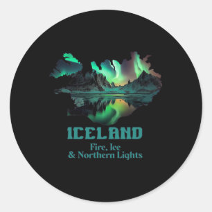 Pegatina Redonda Isla Aurora Boreal Naturaleza Fuego Hielo Camping