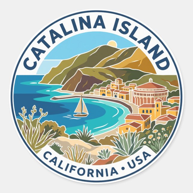 Pegatina Redonda Isla Catalina EE. UU. (Anverso)