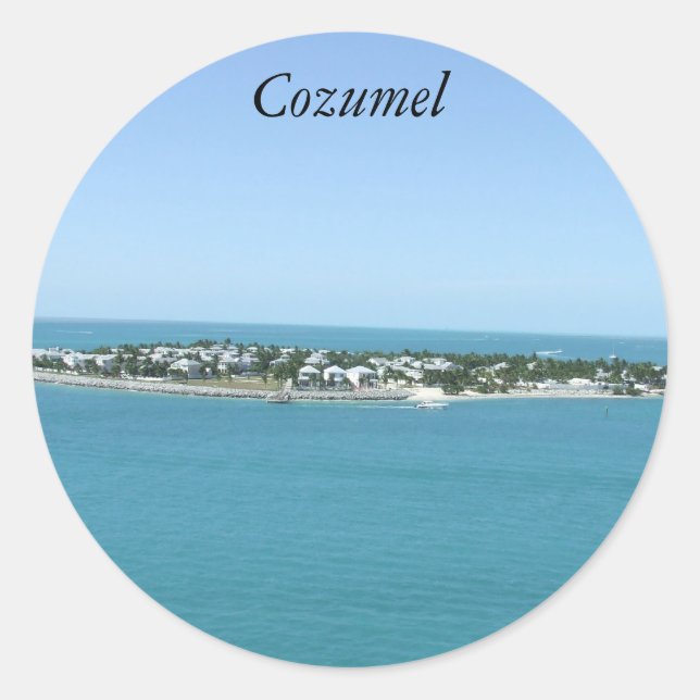 Pegatina Redonda Isla Cozumel México, agua azul (Anverso)