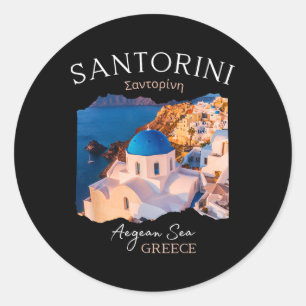 Pegatina Redonda Isla Griega Santorini Grecia Oia Village Blue Chu