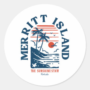 Pegatina Redonda Isla Merritt Florida Retro Surfista Playa Vintage