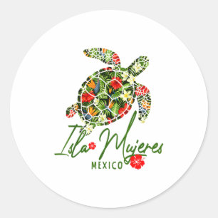 Pegatina Redonda Isla Mujeres México Tortuga Marina Hibisco Tropica