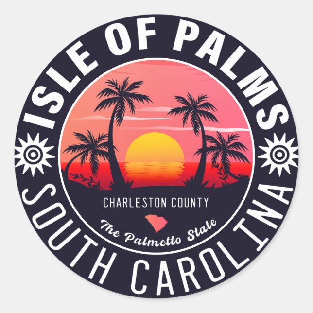 Pegatina Redonda Isle of Palms SC Retro Sunset Souvenirs 80 (Anverso)