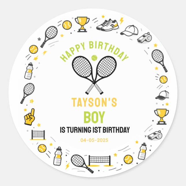 Pegatina Redonda It’s Game Time Tennis 1st Birthday – Fun Kids  (Anverso)