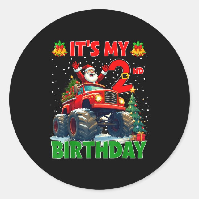 Pegatina Redonda It’s My 2nd Birthday Xmas Santa Monster Truck Chri (Anverso)