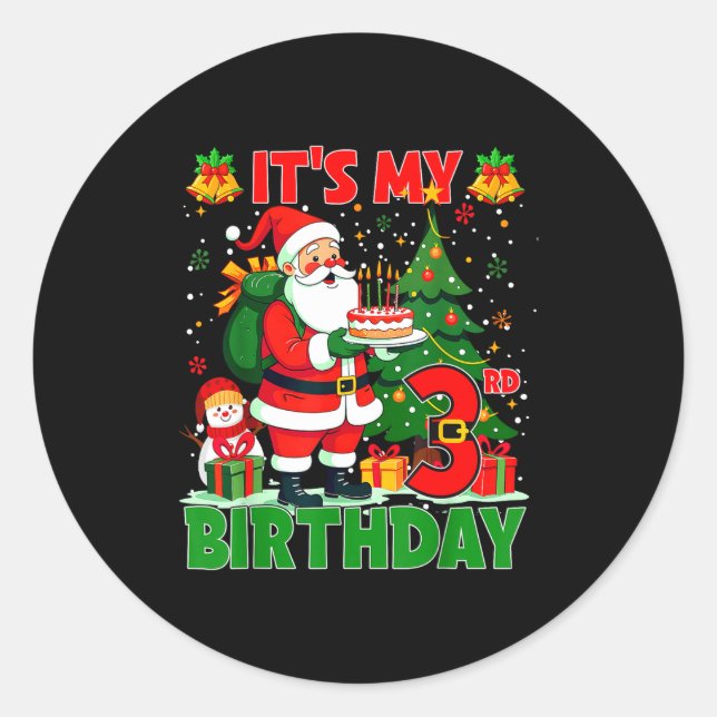 Pegatina Redonda It’s My 3rd Birthday Santa Christmas Outfit 3 Year (Anverso)
