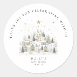 Pegatina Redonda It Takes a Village Snowy Whimsical Baby Shower 