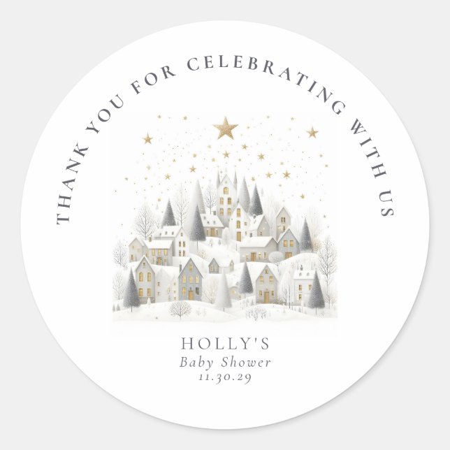 Pegatina Redonda It Takes a Village Snowy Whimsical Baby Shower  (Anverso)