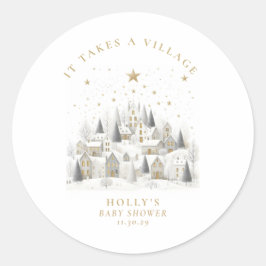 Pegatina Redonda It Takes a Village Snowy Whimsical Baby Shower 