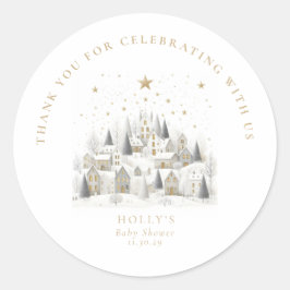 Pegatina Redonda It Takes a Village Snowy Whimsical Baby Shower 