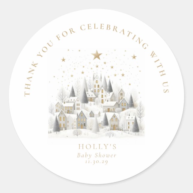 Pegatina Redonda It Takes a Village Snowy Whimsical Baby Shower  (Anverso)