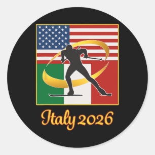 Pegatina Redonda Italia 2026 Esquí de Fondo Usa Banderas de Italia 