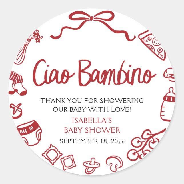 Pegatina Redonda Italian Hand Drawn Pizza Ciao Bambino Baby Shower (Anverso)