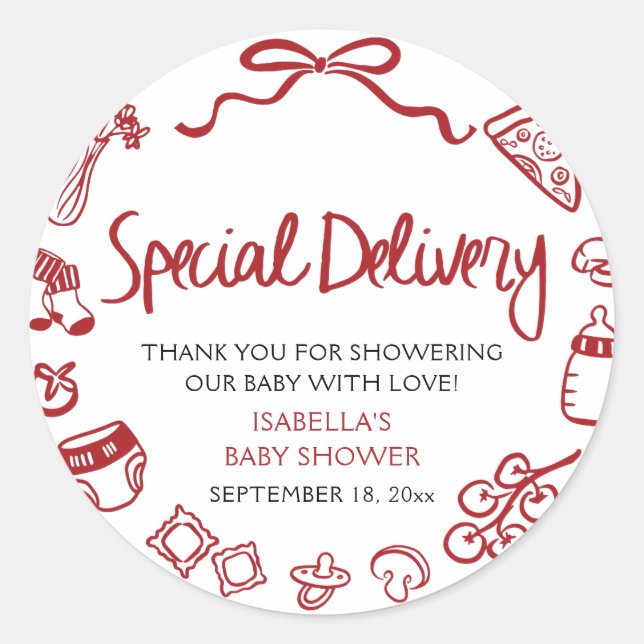 Pegatina Redonda Italian Hand Drawn Special Delivery Baby Shower (Anverso)