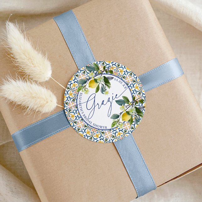 Pegatina Redonda Italian Lemon Bridal Shower Grazie (Italian Lemon Bridal Shower Grazie Classic Round Sticker)