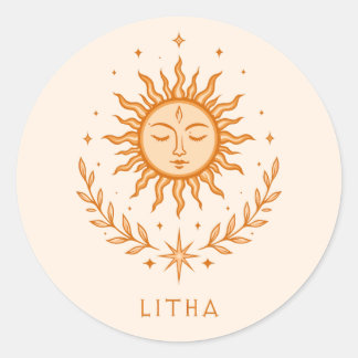 Pegatina Redonda itha Celestial Sun Face Botanical Wreath Art