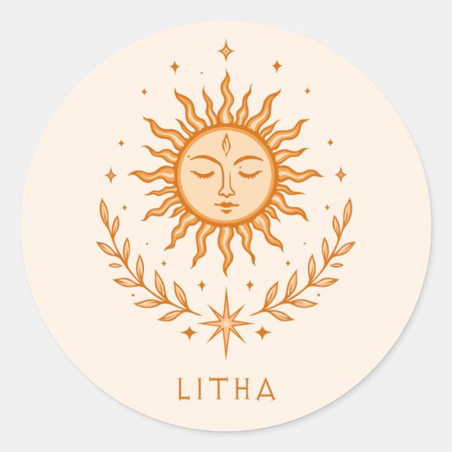 Pegatina Redonda itha Celestial Sun Face Botanical Wreath Art (Anverso)