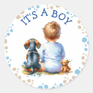 Pegatina Redonda It's a Boy   Baby and Dachshund Puppy Baby Shower