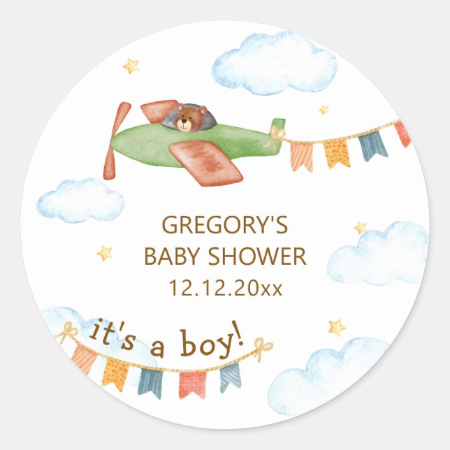 Pegatina Redonda It's A Boy Bear Airplane Sky Baby Shower  (Anverso)