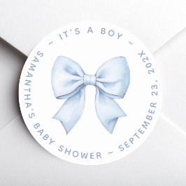 Pegatina Redonda It's a Boy Blue Bow Baby Shower 