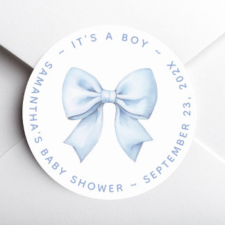 Pegatina Redonda It's a Boy Blue Bow Baby Shower 