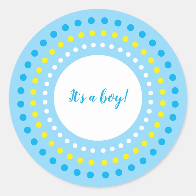 Pegatina Redonda "It's a Boy!" Blue & Yellow Polka Dots (Anverso)