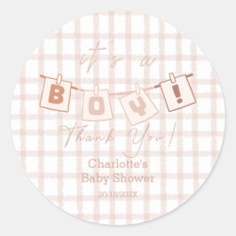 Pegatina Redonda It's a Boy! Cute Brown Gingham NoteBaby Shower